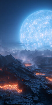 Ultra-Realistic View of a Massive Blue Supergiant Star Above a Volcanic Exoplanet
