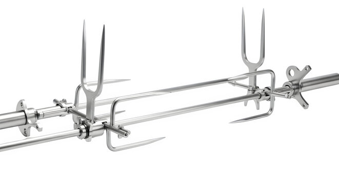 A close-up view of metal skewers with sharp prongs on a transparent background