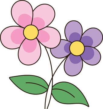 Cute Pastel Pink Purple Flowers Hand Drawn Digital Cartoon For Greeting Card