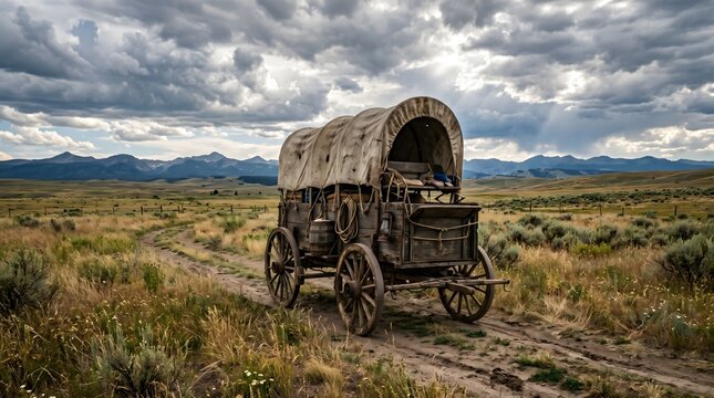 A historic covered wagon on a dusty trail under a dramatic sky in the vast Wild West