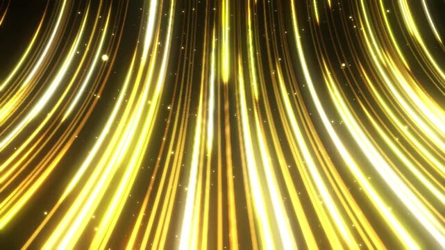 Cinematic 4K seamless background featuring curved, parallel neon data tracks. Golden and amber light packets race along the high-speed cyber highway under a canopy of sparkling cosmic dust.
