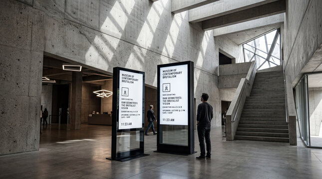 Modern Brutalist Museum Interior with Digital Information Signage