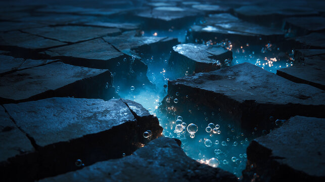 Ancient frozen soil cracks open with ethereal, glowing CO2 bubbles escaping into the atmosphere.