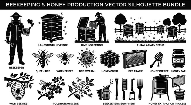 Beekeeping and honey production vector silhouettes with beekeeper, hives, bees, honeycomb, tools, and pollination scenes