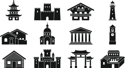 Obraz premium Global architecture silhouette vector set featuring pagoda, castle, chalet, lighthouse, temple, church, cabin, and torii gate