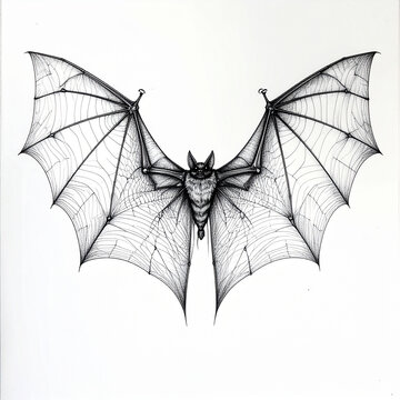 Detailed Bat Illustration with Spread Wings on White Background