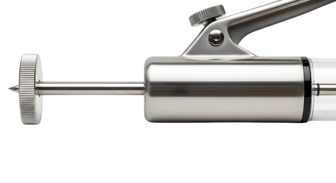 A close-up view of a silver sausage stuffer on a transparent background with metal components
