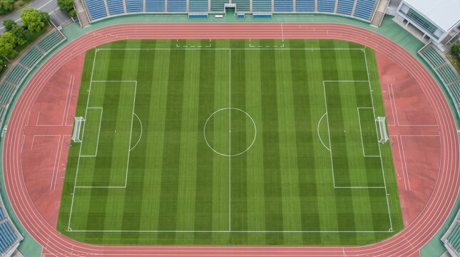 Aerial top-down view of an empty soccer stadium with a green field and running track