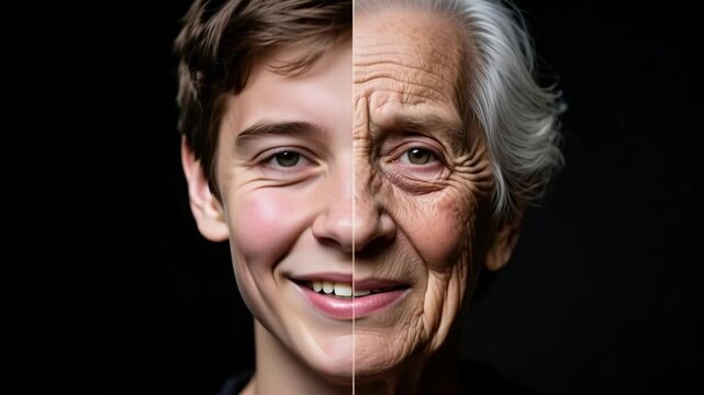Split face portrait of the same person showing aging transition from a young boy to an elderly woman, conceptual metaphor of time and growth, 1080p, 60fps. 