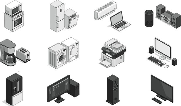 Isometric vector illustration of household and electronic appliances including kitchen, office, and entertainment devices