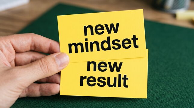 Hand holding two bright yellow sticky notes stacked to reveal transformative mindset shift from new mindset to new result with soft natural lighting