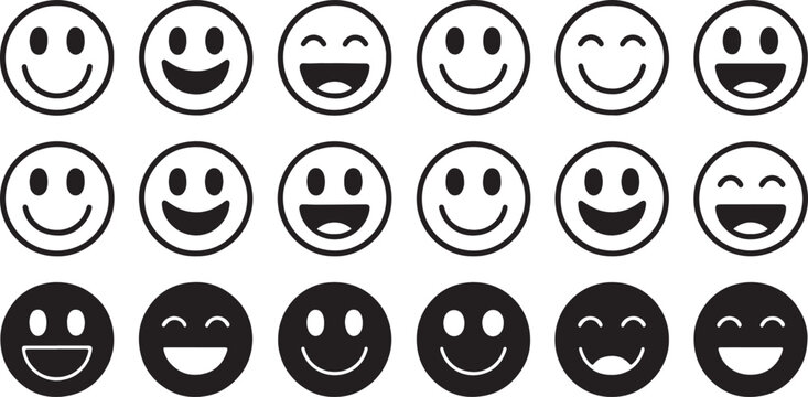 Set of eighteen circular emoticons showing various happy and laughing expressions