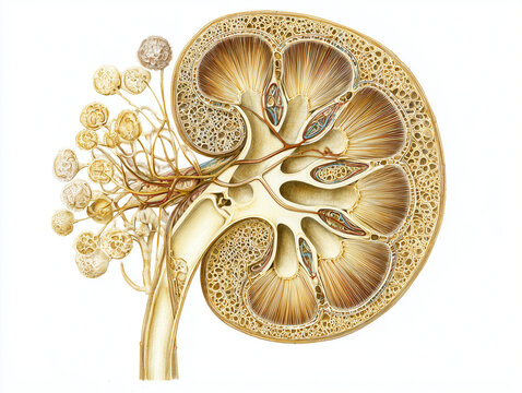 Human kidney nephron anatomy illustration showing renal cortex cross section with glomerular vascular tree tubular architecture and cortical medullary cellular organization in warm amber gold tones on