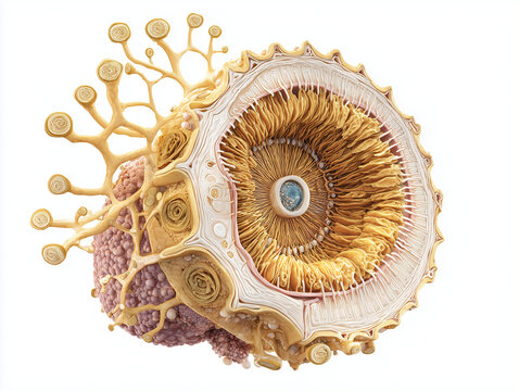 Human ovarian follicle anatomy illustration showing cellular cluster architecture with central oocyte granulosa cell layers theca cells and ovarian stromal organization in warm amber gold tones on whi