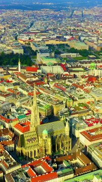 Vertical video. Vienna, Austria. St. Stephen's Cathedral (Germany: Stephansdom). Catholic Cathedral - the national symbol of Austria. Drone footage. Rich colors