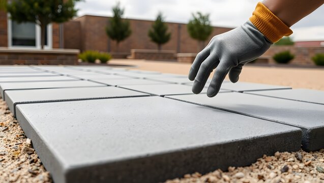 Hands lowering a heavy gray concrete slab onto a sand base in a private courtyard, dramatic side light.
