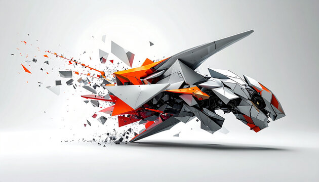 Deconstructed robotic animal head exploding into geometric fragments