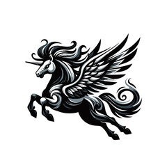 Fototapeta premium Striking black and white winged unicorn with a flowing mane and tail, depicted in a dynamic leaping pose.