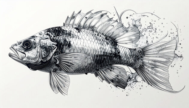 Detailed grayscale illustration of a fish with splashes
