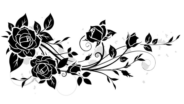 Black and white floral rose vine illustration with elegant swirls