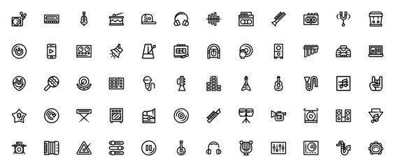 Music Icons icon set. Vector line icons pack. Includes symbols for music player, instruments, jazz, mp4, video call, jukebox, disco, rock and roll, acoustic guitar, symphony and more. © wang