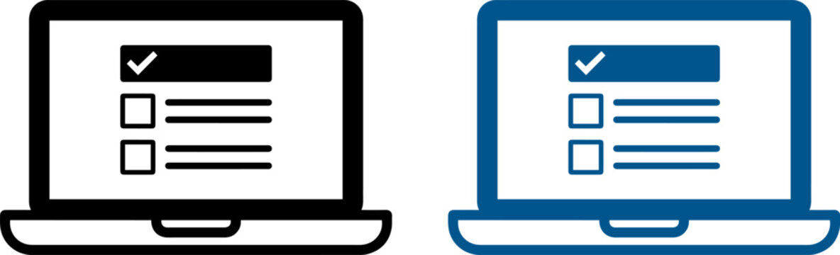 Laptop icon with checklist on screen, online survey or task management