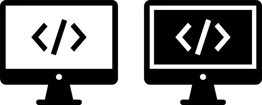 Set of computer monitor icons with coding symbols