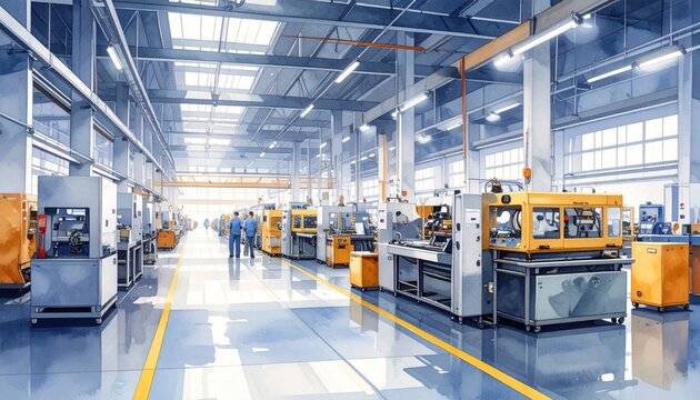Modern manufacturing factory interior with industrial machinery and workers bright clean environment =