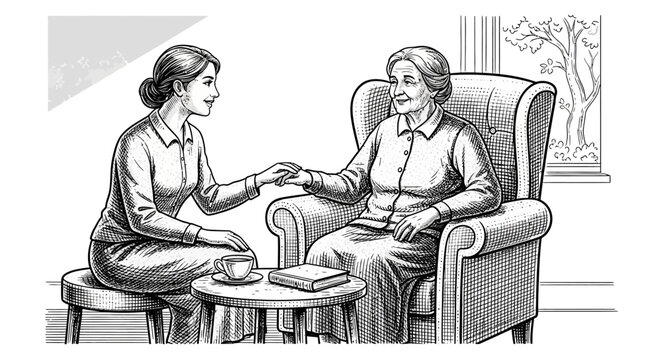 Engraving of young woman conversing with senior woman at home.