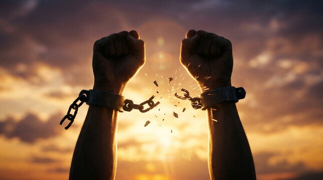 Two silhouetted hands raised high against a dramatic sunset sky, triumphantly shattering metal chains and handcuffs in a powerful display of freedom, liberation, and hope.