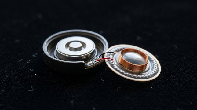 Disassembled speaker driver unit with copper voice coil and magnetic base.