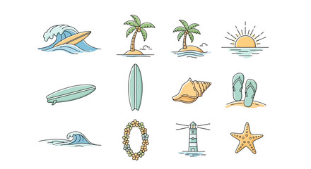 Obraz premium Summer Beach Vacation Line Art Icon Collection
