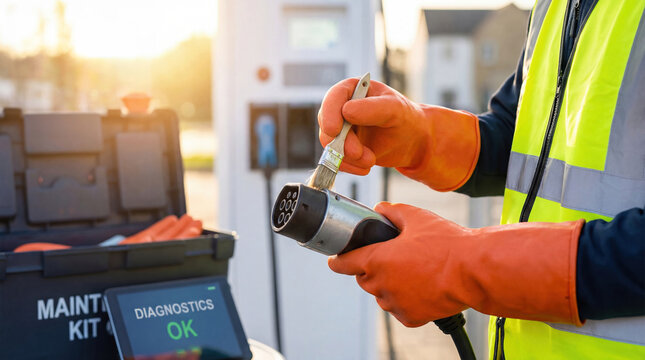 Electric vehicle charging plug maintenance with brush and gloves, diagnostic screen showing OK status in outdoor setting