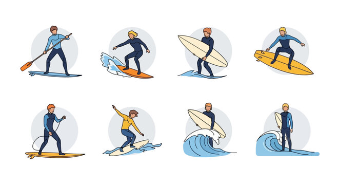 Flat vector illustrations of male surfers and paddleboarders in action