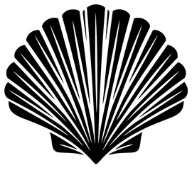 Stylized vector silhouette of a symmetrical scallop seashell, featuring bold radiating ridges, a classic fan shape, and clean high-contrast lines © Suriya
