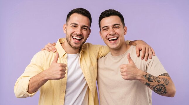 Two joyful young men laughing heartily while posing together with arms around each other and giving a enthusiastic thumbs up against a solid purple background.