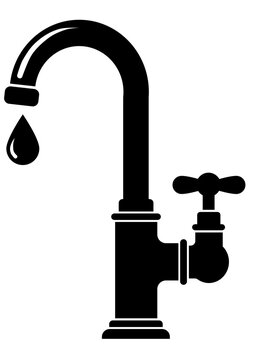 Minimalist vector silhouette of a classic kitchen or bathroom sink water tap faucet with a single dripping droplet and cross handle, featuring clean high-contrast lines