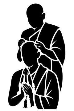 Vector silhouette of a Buddhist ordination ceremony, showing a senior monk shaving the head of a novice initiate or ordinand holding a lotus flower and jasmine garland in prayer, with clean high-contr
