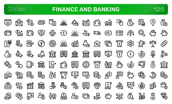 Finance and Banking icon set. Editable line icons. Professional and modern outline icon pack vector illustration with strategic retirement planning and pension fund graphics in a simple design.