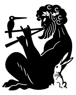 Minimalist vector silhouette of Pan, the Greek god of nature, seated playing flute with bird and rabbit. High‑contrast design blending mythology, wildlife, and harmony in art.