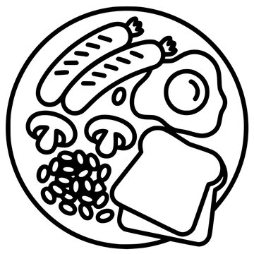 Minimalist black line art vector illustration of a full English breakfast on a plate, featuring two sausages, a fried egg, sliced mushrooms, baked beans, and toast with clean outlines