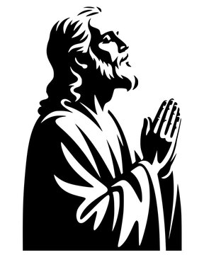 High-contrast vector illustration of Jesus Christ in profile with long hair and a beard, hands clasped together in deep prayer and devotion, featuring bold clean lines