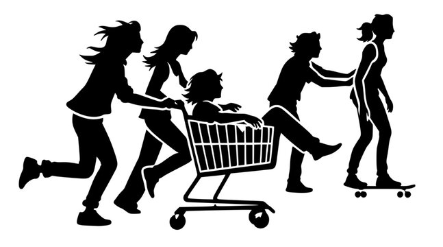 Dynamic vector silhouette of a group of playful teenagers messing around outside, with friends pushing each other inside a shopping cart and riding a skateboard with clean lines