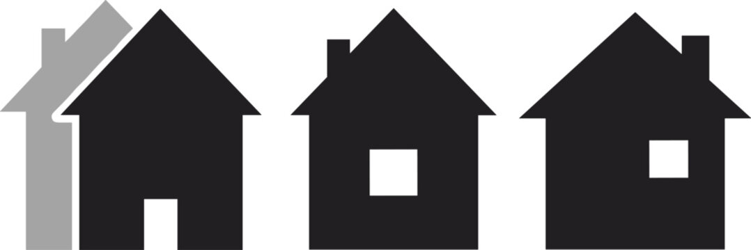 Minimal black and gray house silhouette icons with geometric roof and body shapes for real estate and design projects