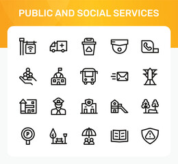 Fototapeta premium Public and Social Services icon set. Editable line icons. Professional and modern outline icon collection vector illustration including detailed citizen defense 