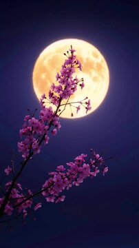 Ethereal Pink Cherry Blossoms under a Glowing Full Moon Night Sky Romantic Spring Nature Photography