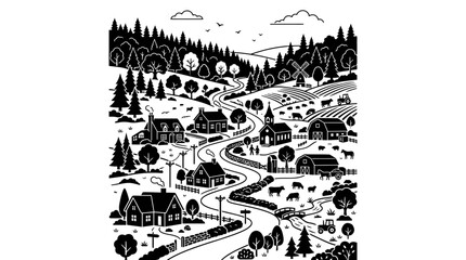 Black and white hand drawn illustration of a rural farming village. © Maz_Opal