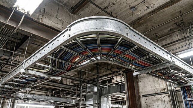 Industrial metal cable tray system installed on factory ceiling.