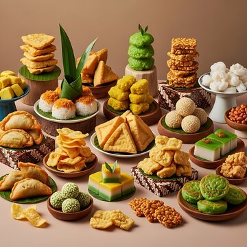 Variety of Traditional Indonesian Appetizers and Snacks Displayed