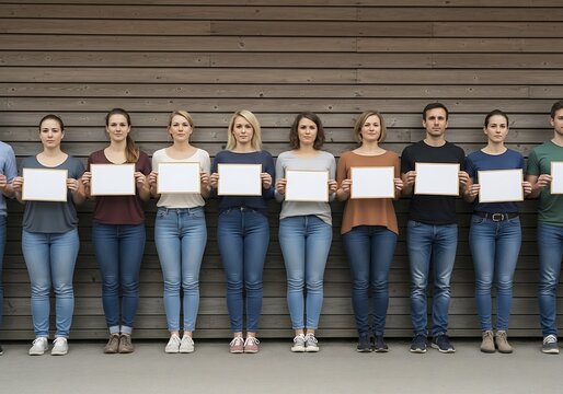 A diverse group of people standing in a line holding whiteboards, conveying a message of unity and shared ideas